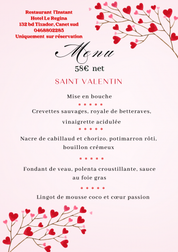 Découvrez le menu spécial Saint-Valentin du restaurant de l’Hôtel Le Régina à Canet-en-Roussillon